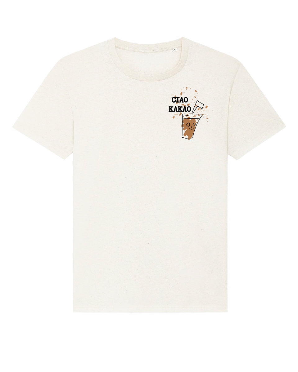 4littlearts Unisex T-Shirt aus Recycling-Baumwolle in hellen Farbtönen. Auf der Brust der Statement-Druck 'Ciao Kakao'