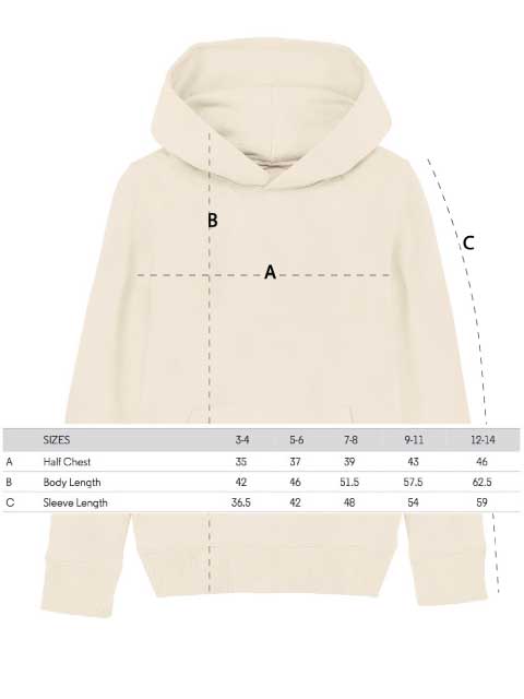 Maßtabelle für den Kinder Kapuzenpullover / Kinder Hoodie von 4littlearts.