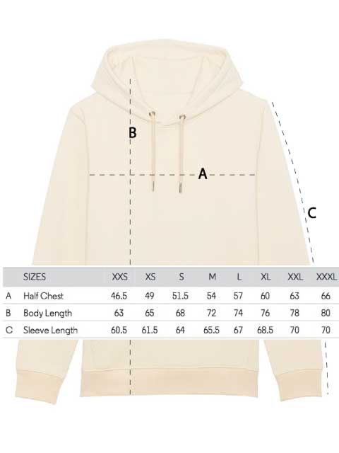 Maßtabelle des Unisex-Hoodies von 4littlearts.