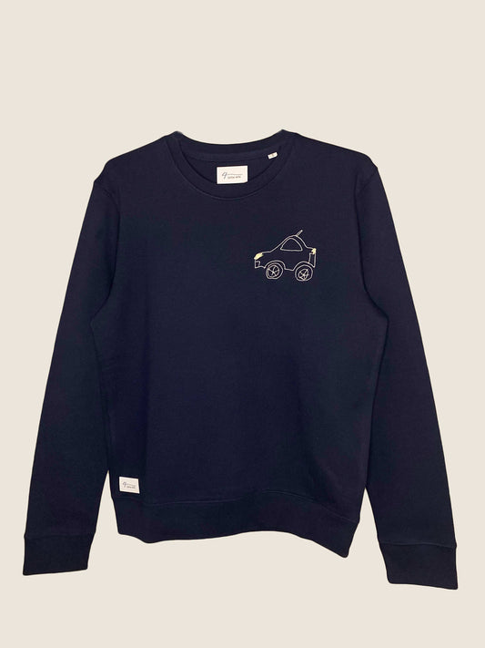 4littlearts Sweater in Navy mit Auto Stickerei. Super weiche Bio-Baumwolle. Unisex Schnitt und veredelt in Wuppertal.
