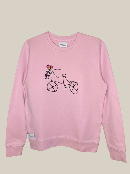 4littlearts Sweater in Rosa mit Fahrrad Stickerei. Super weiche Bio-Baumwolle. Unisex Schnitt und veredelt in Wuppertal.