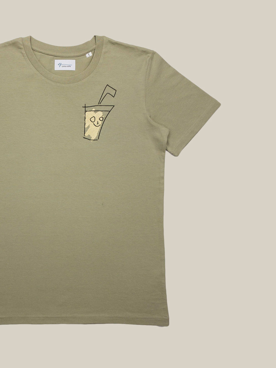 4littlearts Unisex T-Shirt in hellem Khaki mit Limonaden-Stickerei.