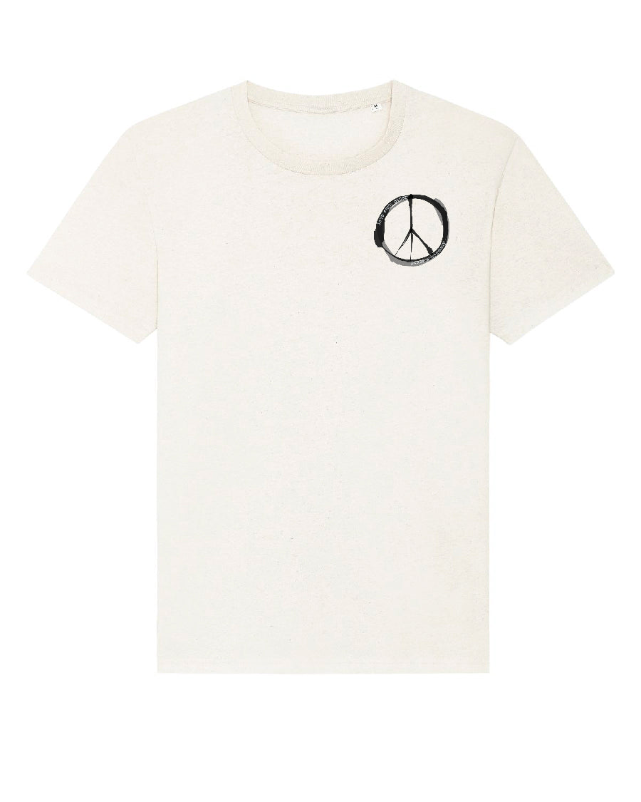 4littlearts Unisex T-Shirt mit schwarzem Peace Print. Das Shirt besteht aus Biobaumwolle und ist nachhaltig und fair produziert worden. Ergänzt den perfekten Casual Look.